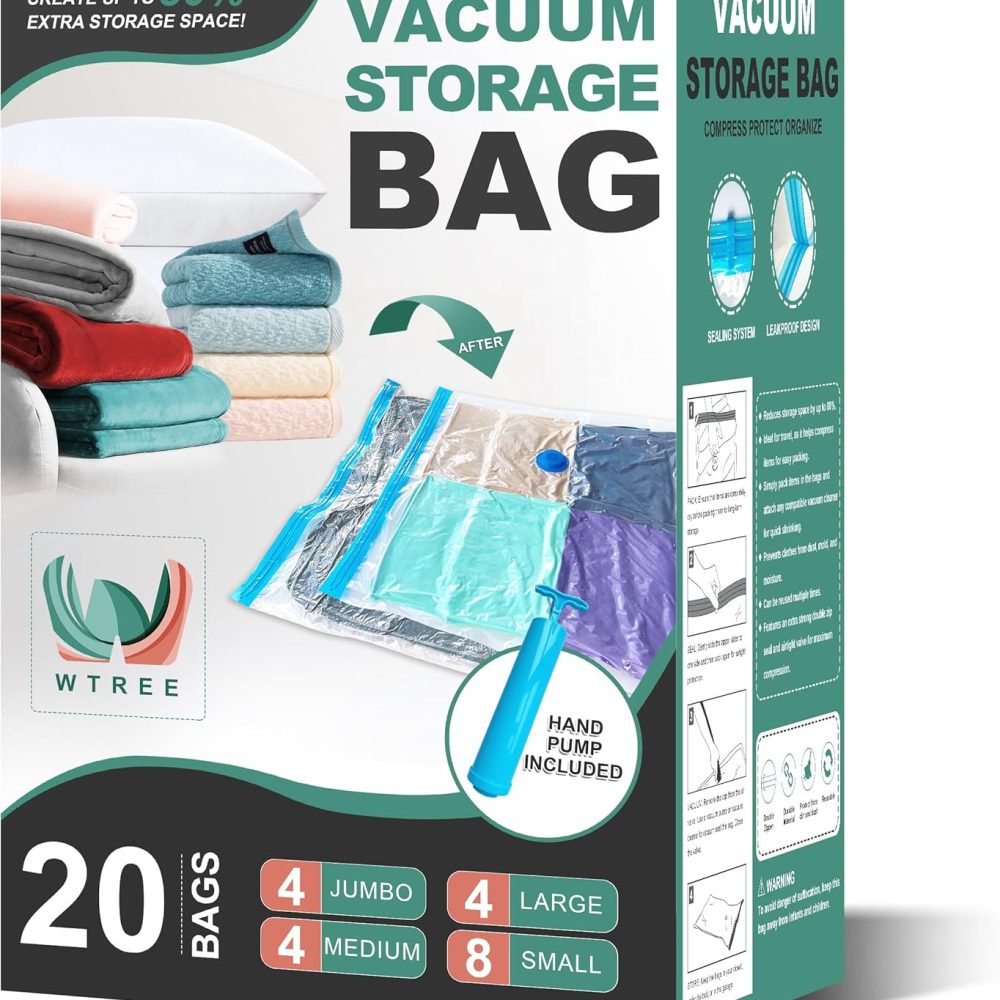 WTREE 20 Pack Vacuum Storage Bags, Space Saver Bags, Vacuum Sealed Bags for Comforters, Blankets, Clothes Storage, Hand Pump Included (4 Jumbo/4 Large/4 Medium/8 Small)