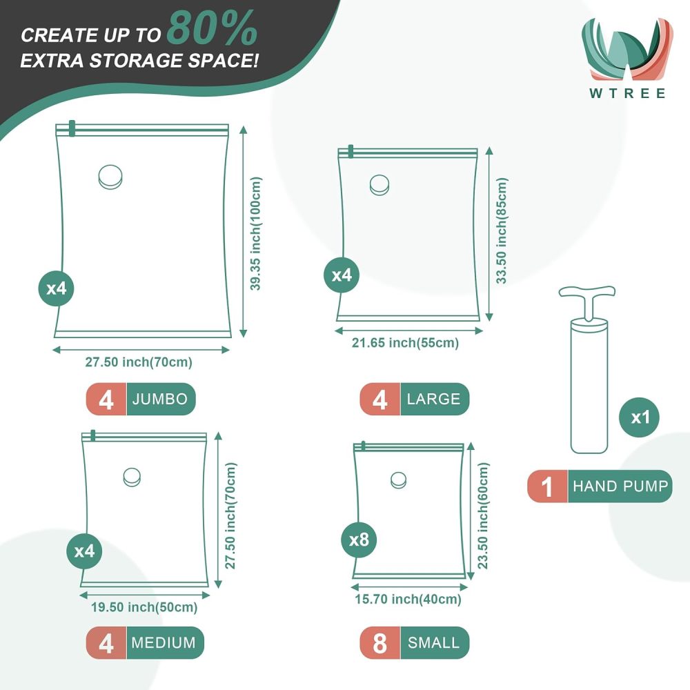 WTREE 20 Pack Vacuum Storage Bags, Space Saver Bags, Vacuum Sealed Bags for Comforters, Blankets, Clothes Storage, Hand Pump Included (4 Jumbo/4 Large/4 Medium/8 Small) - Image 4