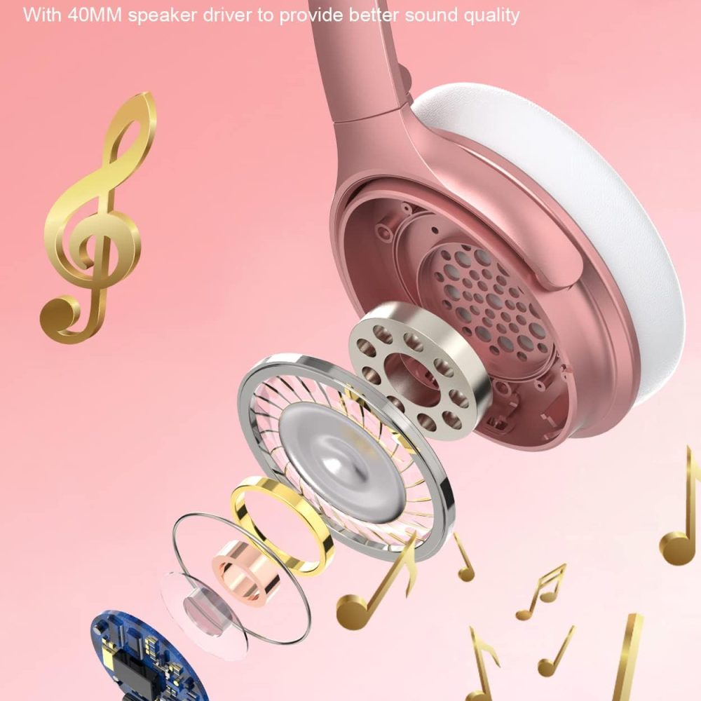 INFURTURE Upgrade Rose Gold Active Noise Cancelling Headphones with Microphone Wireless Over Ear Bluetooth, Deep Bass, Memory Foam Ear Cups, Quick Charge 90H Playtime, for TV, Travel, Home Office - Image 3