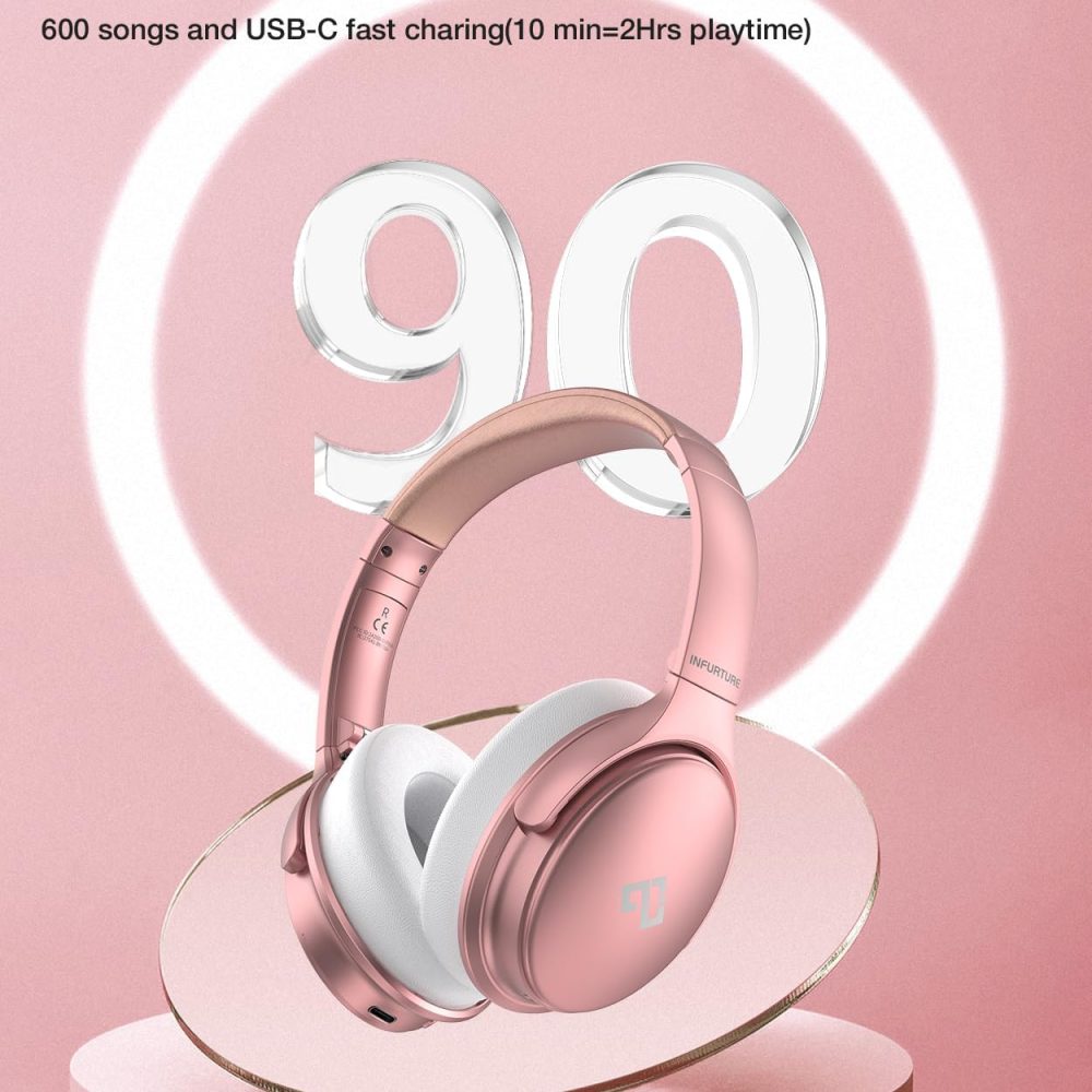 INFURTURE Upgrade Rose Gold Active Noise Cancelling Headphones with Microphone Wireless Over Ear Bluetooth, Deep Bass, Memory Foam Ear Cups, Quick Charge 90H Playtime, for TV, Travel, Home Office - Image 4