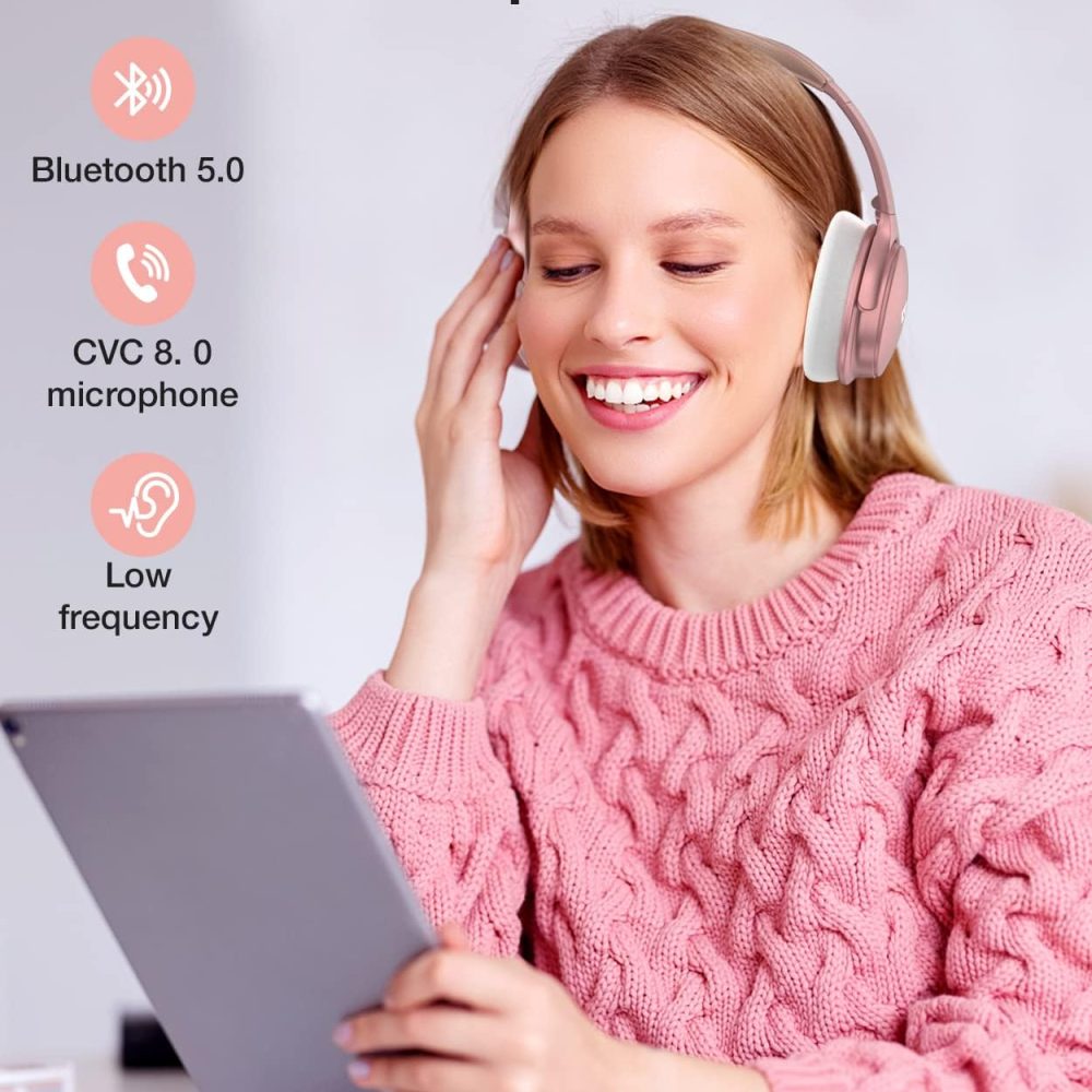 INFURTURE Upgrade Rose Gold Active Noise Cancelling Headphones with Microphone Wireless Over Ear Bluetooth, Deep Bass, Memory Foam Ear Cups, Quick Charge 90H Playtime, for TV, Travel, Home Office - Image 5
