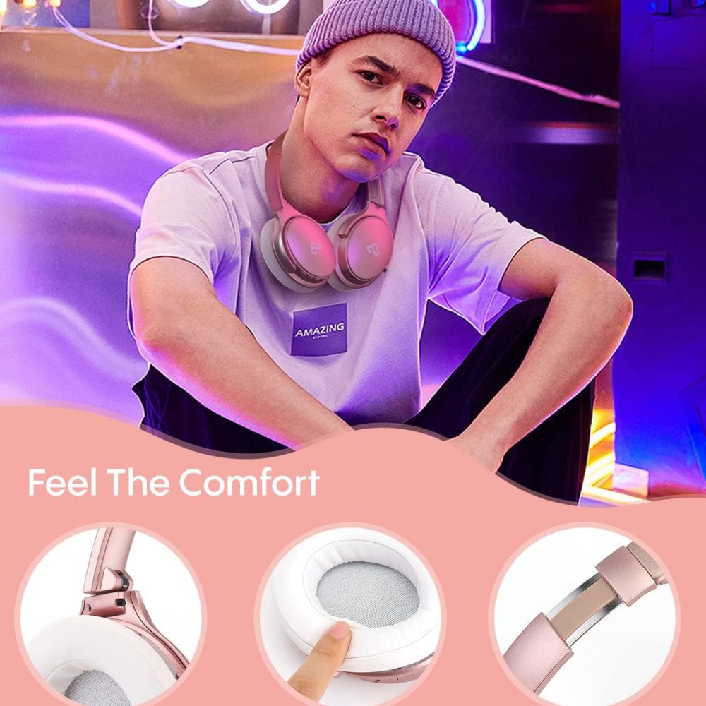 INFURTURE Upgrade Rose Gold Active Noise Cancelling Headphones with Microphone Wireless Over Ear Bluetooth, Deep Bass, Memory Foam Ear Cups, Quick Charge 90H Playtime, for TV, Travel, Home Office - Image 6