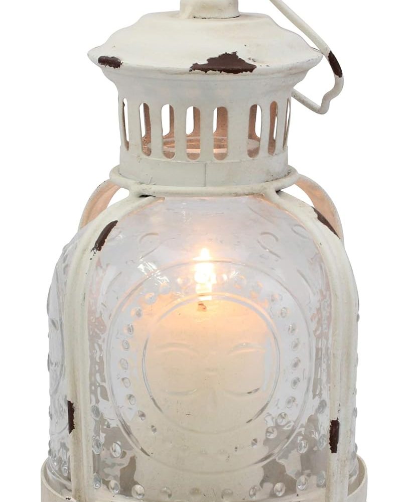 Stonebriar Antique Worn White Metal Candle Lantern, Use As Decoration for Birthday Parties, a Rustic Wedding Centerpiece, or Create a Relaxing Spa Setting, For Indoor or Outdoor Use