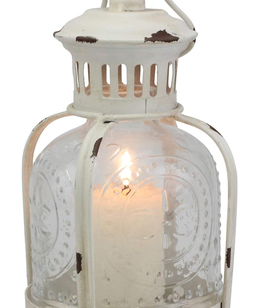 Stonebriar Antique Worn White Metal Candle Lantern, Use As Decoration for Birthday Parties, a Rustic Wedding Centerpiece, or Create a Relaxing Spa Setting, For Indoor or Outdoor Use - Image 6